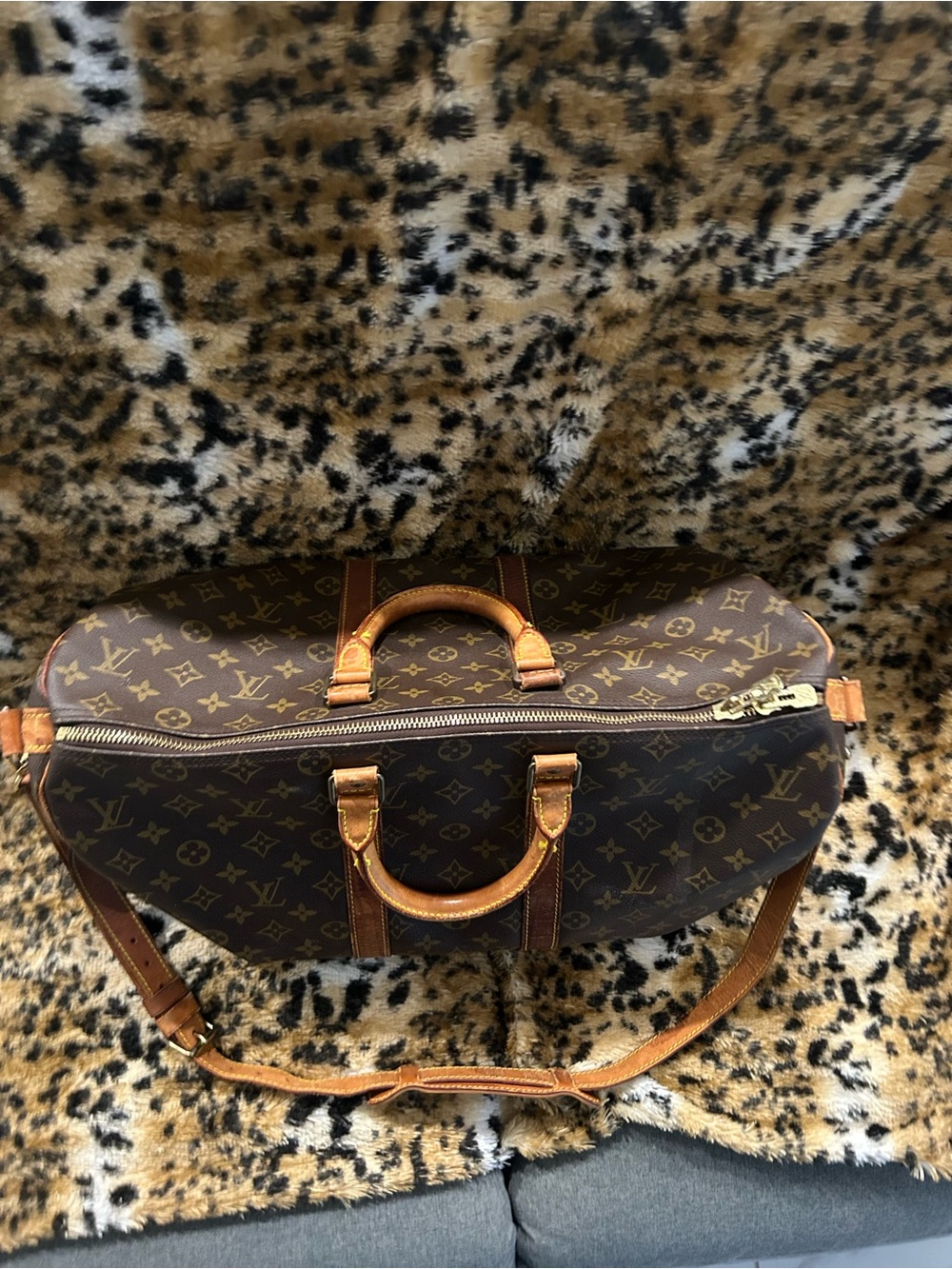 Louis Vuitton Brown Monogram Canvas Travel Duffel with Tan Leather Trim
